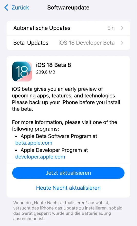 曹妃甸苹果手机维修分享苹果 iOS / iPadOS 18 开发者预览版 Beta 8 发布 